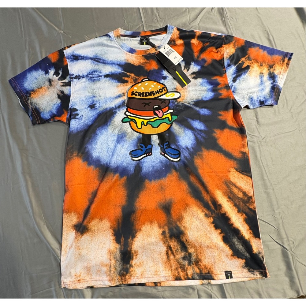 Screenshot Brand Men 2XL TieDye Hamburger Graphic T-Shirt Orange Blue Streetwear